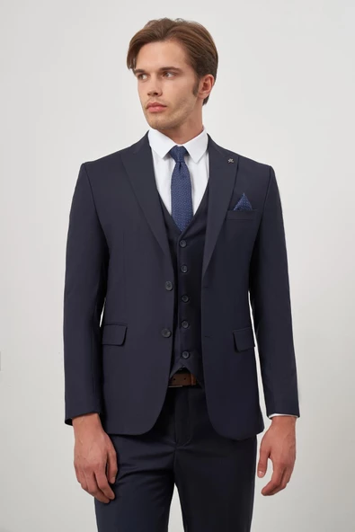 Koyu Lacivert Düz Kılıç Yaka Yelekli 6 Drop Slim Fit Classic Takım Elbise 1001245151 - 4
