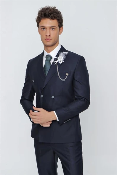 Koyu Lacivert Gabardin Kırlangıç Yaka Tam Astar Kruvaze 6 Drop Slim Fit Dar Kesim Takım Elbise 1001225175 - 4