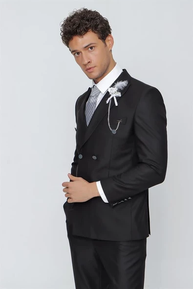 Siyah Gabardin Kırlangıç Yaka Tam Astar Kruvaze 6 Drop Slim Fit Dar Kesim Takım Elbise 1001225175 - 3