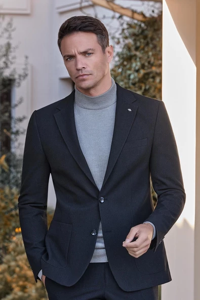 Siyah Desenli Örme Mono Yaka Yarım Astar Esnek 6 Drop Slim Fit Classic Takım Elbise 1001245174