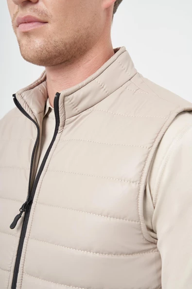 Taş Rengi Kapitone Dik Yaka Düz Garnisiz-Biyesiz Slim Fit Yelek 1009245151 - 4