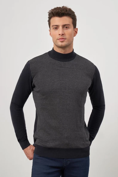 Koyu Lacivert Uzun Kol Kendinden Örme Yarım Balıkçı Yaka Classic Comfort Fit Triko 1012245153 - 3