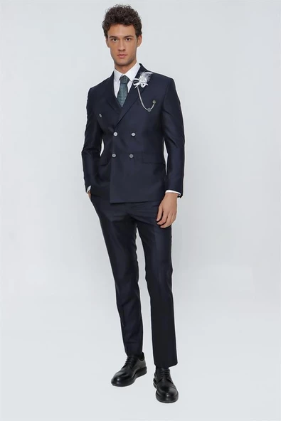 Koyu Lacivert Gabardin Kırlangıç Yaka Tam Astar Kruvaze 6 Drop Slim Fit Dar Kesim Takım Elbise 1001225175 - 3