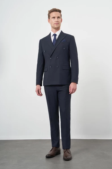 Koyu Lacivert Bez Ayağı Kılıç Yaka Tam Astar Esnek 6 Drop Slim Fit Classic Takım Elbise 1001245173 - 2