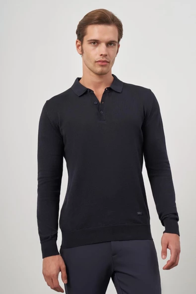 Koyu Lacivert Uzun Kol Düz Örme Polo Yaka Classic Comfort Fit Triko 1012245007 - 4