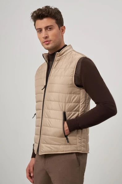 Bej Kapitone Dik Yaka Düz Garnisiz-Biyesiz Slim Fit Yelek 1009245150 - 3