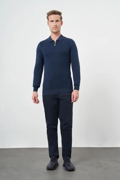 İndigo Mavi Uzun Kol Kendinden Desenli Örme Polo Yaka Classic Comfort Fit Triko 1012245156 - 2