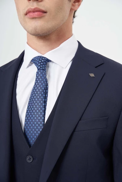 Lacivert Bez Ayağı Kılıç Yaka Tam Astar Yelekli 6 Drop Slim Fit Takım Elbise 1001245386 - 4
