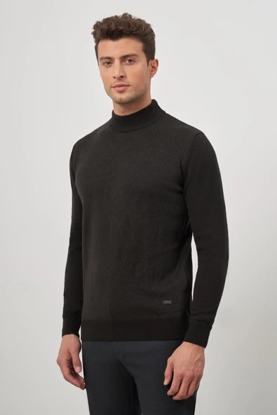 Siyah Uzun Kol Kendinden Desenli Örme Yarım Balıkçı Yaka Classic Comfort Fit Triko 1012245159 - 5