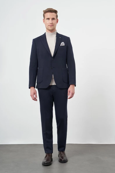 Koyu Lacivert Desen Örme Kılıç Yaka Beli Lastikli 6 Drop Slim Fit Classic Takım Elbise 1001245170 - 4