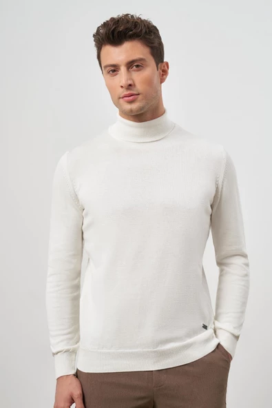 Açık Krem Uzun Kol Düz Örme Tam Balıkçı Yaka Classic Comfort Fit Triko 1012245004 - Resim 2