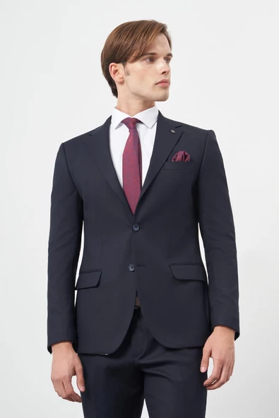 Koyu Lacivert Armürlü Mono Yaka Tam Astar Esnek 6 Drop Slim Fit Classic Takım Elbise 1001245175 - 3