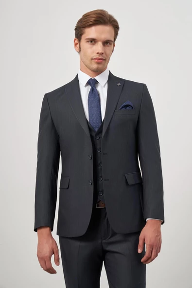 Koyu Lacivert Kılıç Yaka Yelekli 6 Drop Slim Fit Classic Takım Elbise 1001245154