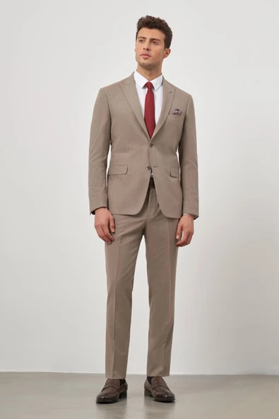 Koyu Vizon Çizgili Mono Yaka Astarlı 6 Drop Slim Fit Dar Kesim Takım Elbise 1001245106 - 4