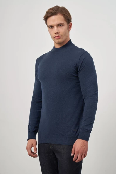 İndigo Mavi Uzun Kol Düz Örme Yarım Balıkçı Yaka Classic Comfort Fit Triko 1012245001