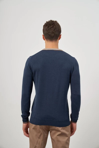 İndigo Mavi Uzun Kol Düz Örme Bisiklet Yaka Classic Slim Fit Triko 1012245108 - 7