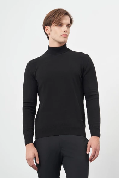 Siyah Uzun Kol Düz Örme Tam Balıkçı Yaka Classic Comfort Fit Triko 1012245004 - Resim 3