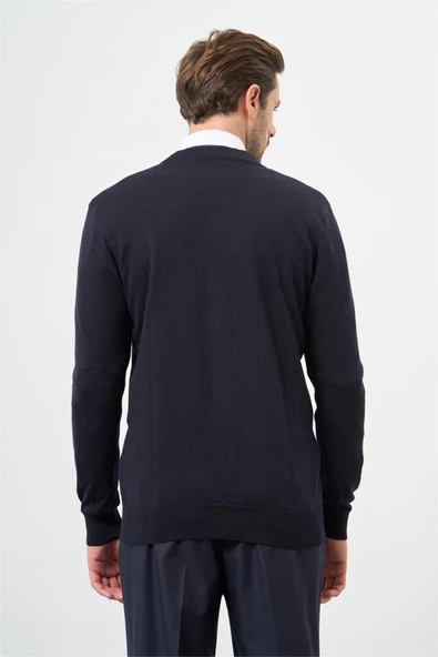 Koyu Lacivert Uzun Kol Kendinden Desenli Örme V Yaka Classic Comfort Fit Triko 1012245161 - Resim 4