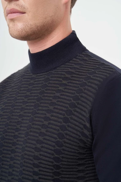 Koyu Lacivert Uzun Kol Kendinden Örme Yarım Balıkçı Yaka Classic Comfort Fit Triko 1012245157 - Resim 4