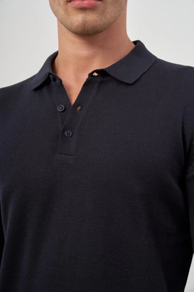 Koyu Lacivert Uzun Kol Düz Örme Polo Yaka Classic Comfort Fit Triko 1012245007 - 6