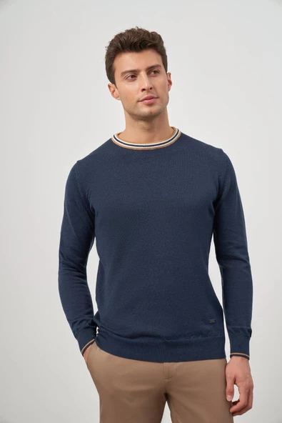 İndigo Mavi Uzun Kol Düz Örme Bisiklet Yaka Classic Slim Fit Triko 1012245108 - 5