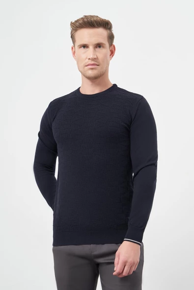 Koyu Lacivert Uzun Kol Kendinden Desenli Örme Bisiklet Yaka Classic Slim Fit Triko 1012245200 - 3