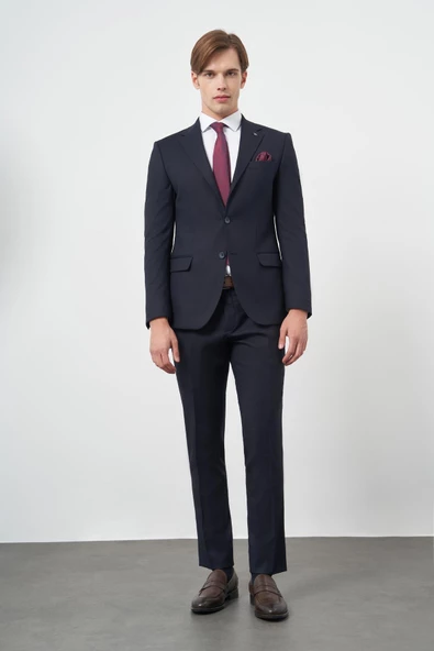 Koyu Lacivert Armürlü Mono Yaka Tam Astar Esnek 6 Drop Slim Fit Classic Takım Elbise 1001245175 - 2