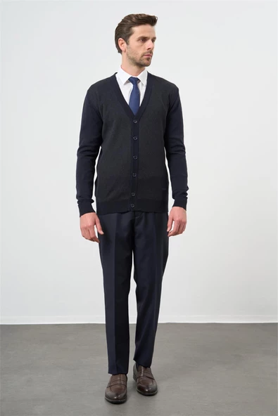 Koyu Lacivert Uzun Kol Kendinden Desenli Örme V Yaka Classic Comfort Fit Triko 1012245161 - Resim 5