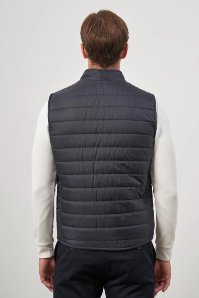 Koyu Lacivert Kapitone Dik Yaka Düz Garnisiz-Biyesiz Slim Fit Yelek 1009245150 - Resim 7