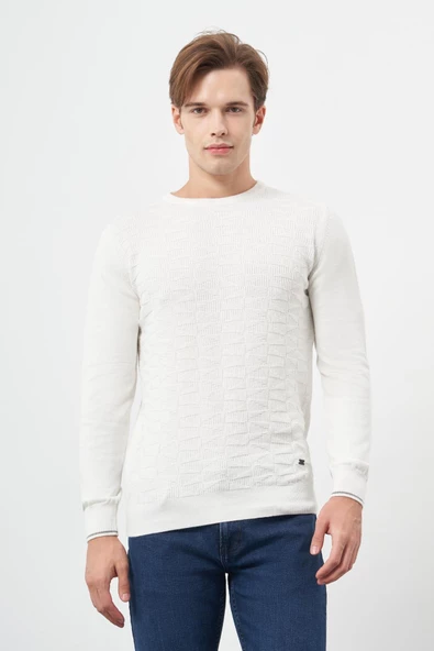 Açık Krem Uzun Kol Kendinden Desenli Örme Bisiklet Yaka Classic Slim Fit Triko 1012245200