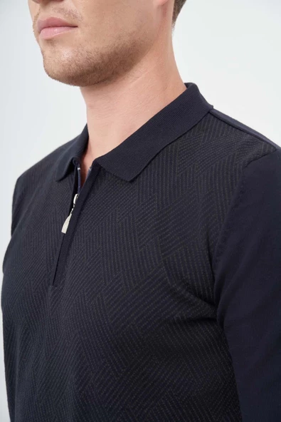 Koyu Lacivert Uzun Kol Kendinden Desenli Örme Polo Yaka Classic Comfort Fit Triko 1012245160 - 4