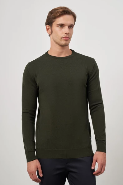 Koyu Haki Uzun Kol Düz Örme Bisiklet Yaka Classic Comfort Fit Triko 1012245006 - 4