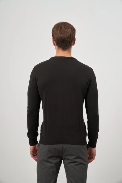 Siyah Uzun Kol Kendinden Desenli Örme Bisiklet Yaka Classic Comfort Fit Triko 1012245155 - Resim 7