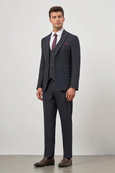 Koyu Lacivert Kılıç Yaka Yelekli 6 Drop Slim Fit Classic Takım Elbise 1001245153 - Resim 2