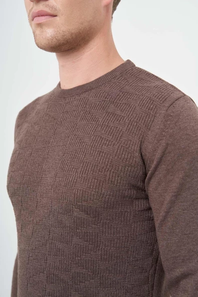 Sütlü Kahverengi Uzun Kol Kendinden Desenli Örme Bisiklet Yaka Classic Slim Fit Triko 1012245200 - 4