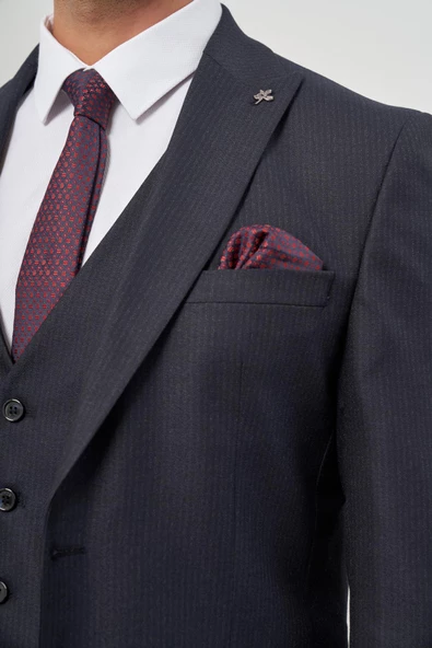 Koyu Lacivert Kılıç Yaka Yelekli 6 Drop Slim Fit Classic Takım Elbise 1001245153 - Resim 6