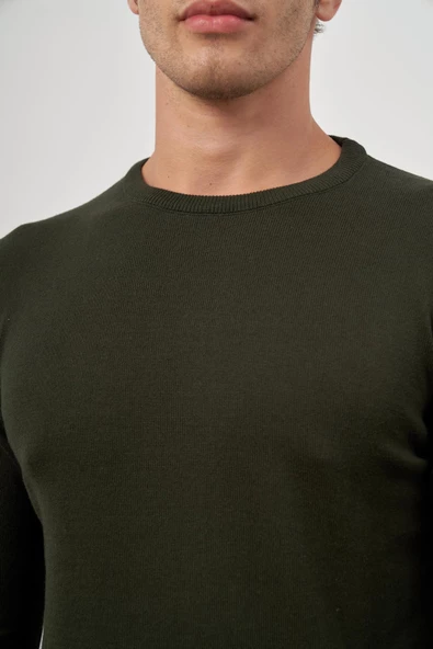 Koyu Haki Uzun Kol Düz Örme Bisiklet Yaka Classic Comfort Fit Triko 1012245006 - 6