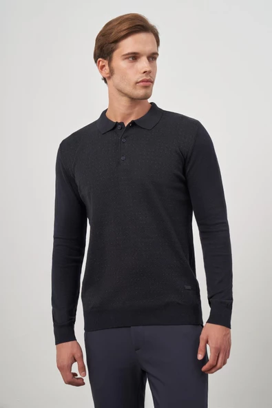 Koyu Lacivert Uzun Kol Kendinden Desenli Örme Polo Yaka Classic Comfort Fit Triko 1012245162 - 3