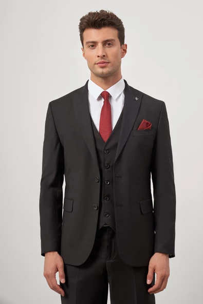 Siyah Düz Kılıç Yaka Çift Yırtmaç 2 Düğme Yelekli 6 Drop Slim Fit Classic Takım Elbise 1001245151