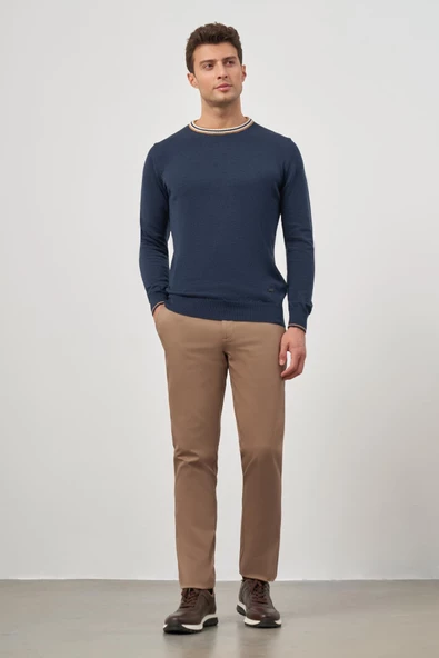 İndigo Mavi Uzun Kol Düz Örme Bisiklet Yaka Classic Slim Fit Triko 1012245108 - 2