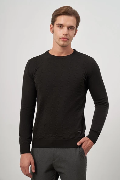 Siyah Uzun Kol Kendinden Desenli Örme Bisiklet Yaka Classic Comfort Fit Triko 1012245155