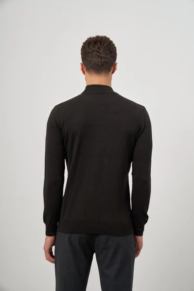 Siyah Uzun Kol Kendinden Desenli Örme Yarım Balıkçı Yaka Classic Comfort Fit Triko 1012245159 - 7