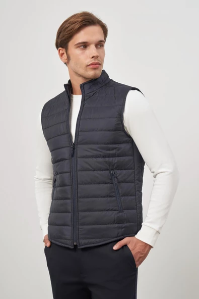 Koyu Lacivert Kapitone Dik Yaka Düz Garnisiz-Biyesiz Slim Fit Yelek 1009245150 - Resim 5