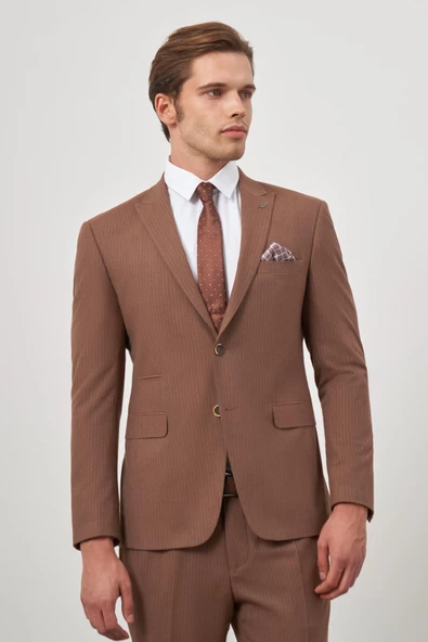 Taba Çizgili Mono Yaka Astarlı 6 Drop Slim Fit Dar Kesim Takım Elbise 1001245106 - 7