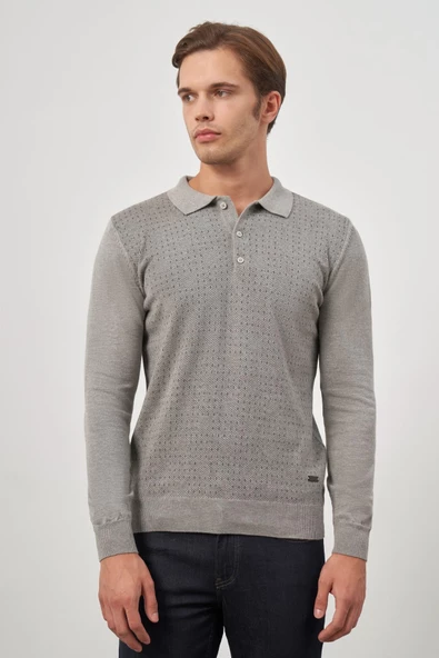Taş Rengi Uzun Kol Kendinden Desenli Örme Polo Yaka Classic Comfort Fit Triko 1012245162 - 4