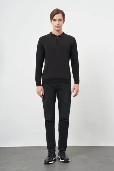 Siyah Uzun Kol Kendinden Desenli Örme Polo Yaka Classic Comfort Fit Triko 1012245160 - 2