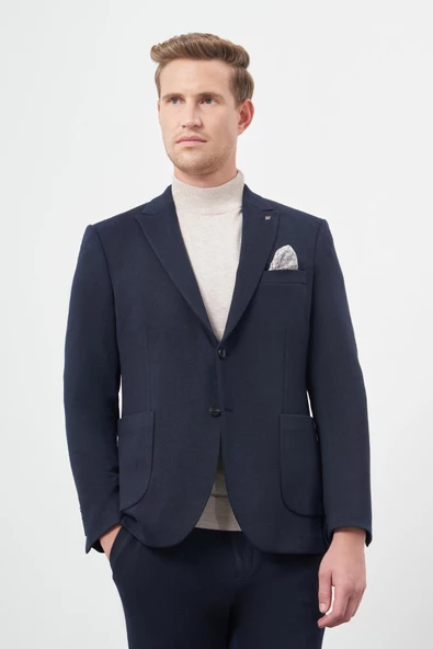 Koyu Lacivert Desen Örme Kılıç Yaka Beli Lastikli 6 Drop Slim Fit Classic Takım Elbise 1001245170 - 6