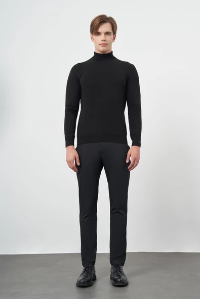 Siyah Uzun Kol Düz Örme Tam Balıkçı Yaka Classic Comfort Fit Triko 1012245004 - Resim 2