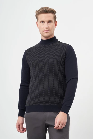 Koyu Lacivert Uzun Kol Kendinden Örme Yarım Balıkçı Yaka Classic Comfort Fit Triko 1012245157