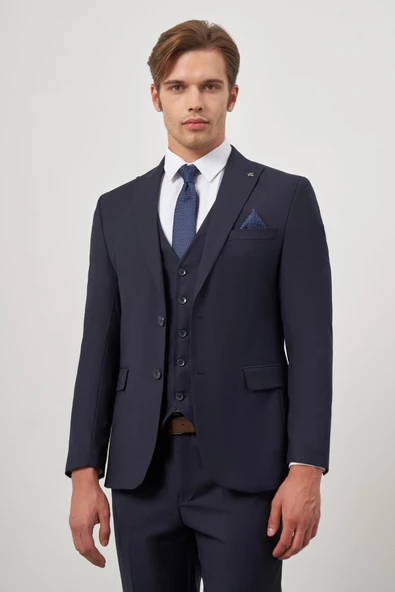 Koyu Lacivert Düz Kılıç Yaka Yelekli 6 Drop Slim Fit Classic Takım Elbise 1001245151 - 5